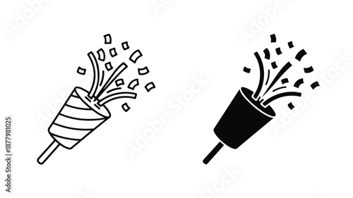 Black and white illustration of two party poppers on a plain white background with confetti.