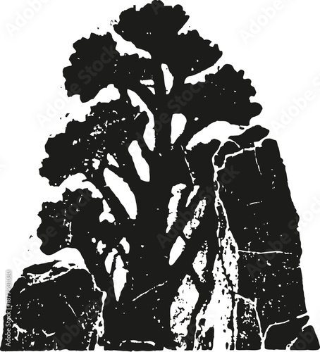 Silhouette of rugged rock formations surrounded by tall, bushy trees in a natural landscape