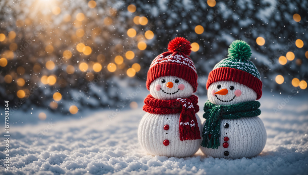 Fototapeta premium Adorable knitted snowmen in winter wonderland with festive lights