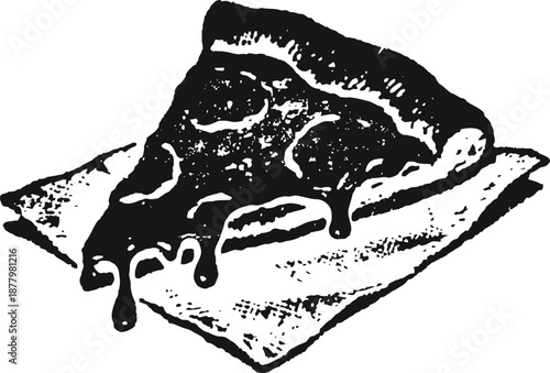 Slice of dripping pepperoni pizza on folded paper napkin, fast food illustration