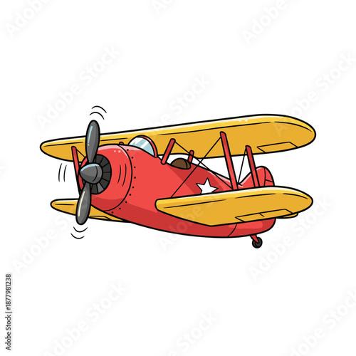 Classic red and yellow biplane flying in the air with spinning propeller, vintage aircraft illustration for aviation and travel themes