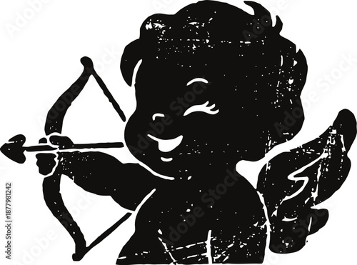 Cupid silhouette aiming arrow with bow, playful angel character with wings and curly hair