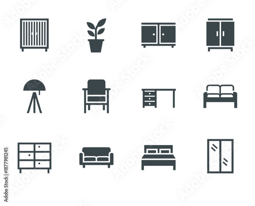 Set of minimalist furniture icons including chair desk bed sofa and cabinets, home interior design elements in flat solid vector style