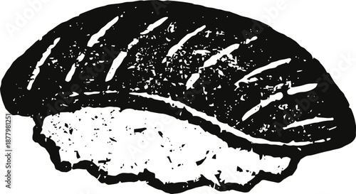 Black and white illustration of sushi nigiri with fish on top of rice