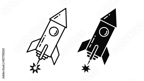 Two simple line art rocket ships blasting off against a clean white background with bold black lines and minimal details.