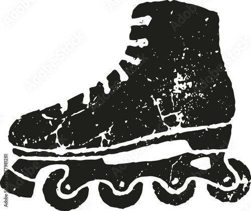 Worn rollerblade boot with four wheels and scuffed surface for skating and sports