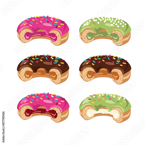 Cross section of various glazed donuts with colorful sprinkles and different cream fillings strawberry chocolate and matcha flavors food design