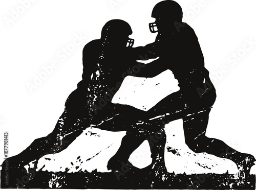 Two american football players tackling during a game, aggressive defensive sports action