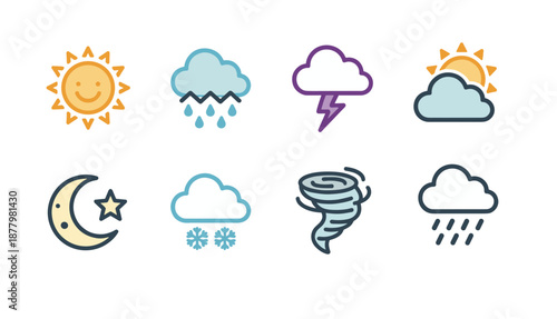 Weather forecast icon set featuring sun, rain, storm, clouds, snow, moon and tornado symbols in cute outline flat design for meteorology app