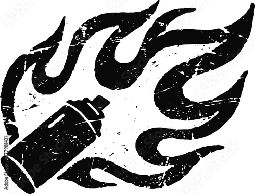 Distressed black silhouette of spray paint can with artistic flame design