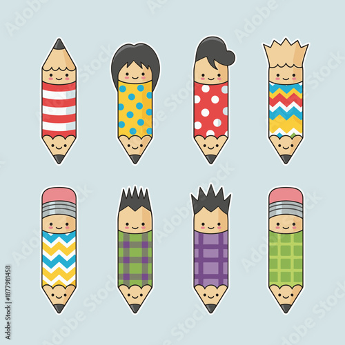 Set of double-ended pencils with cute faces and various colorful patterns including stripes and polka dots for back to school and art supplies