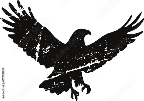 Grunge silhouette of an eagle with spread wings in flight, black distressed bird illustration
