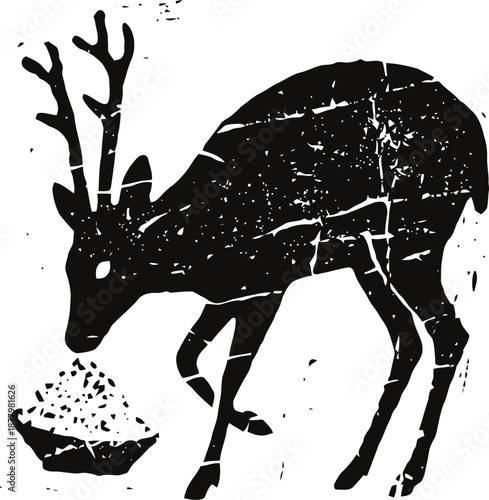 Silhouette of a deer feeding from a bowl with a distressed textured effect