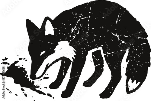 Black and white distressed fox illustration with textured vintage and rough details