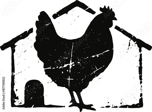 Black silhouette of a chicken inside a rustic henhouse icon with distressed texture