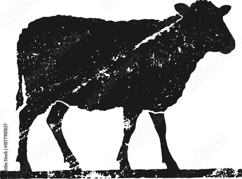 Grunge black silhouette of a standing cow on white background with textured distressed effect