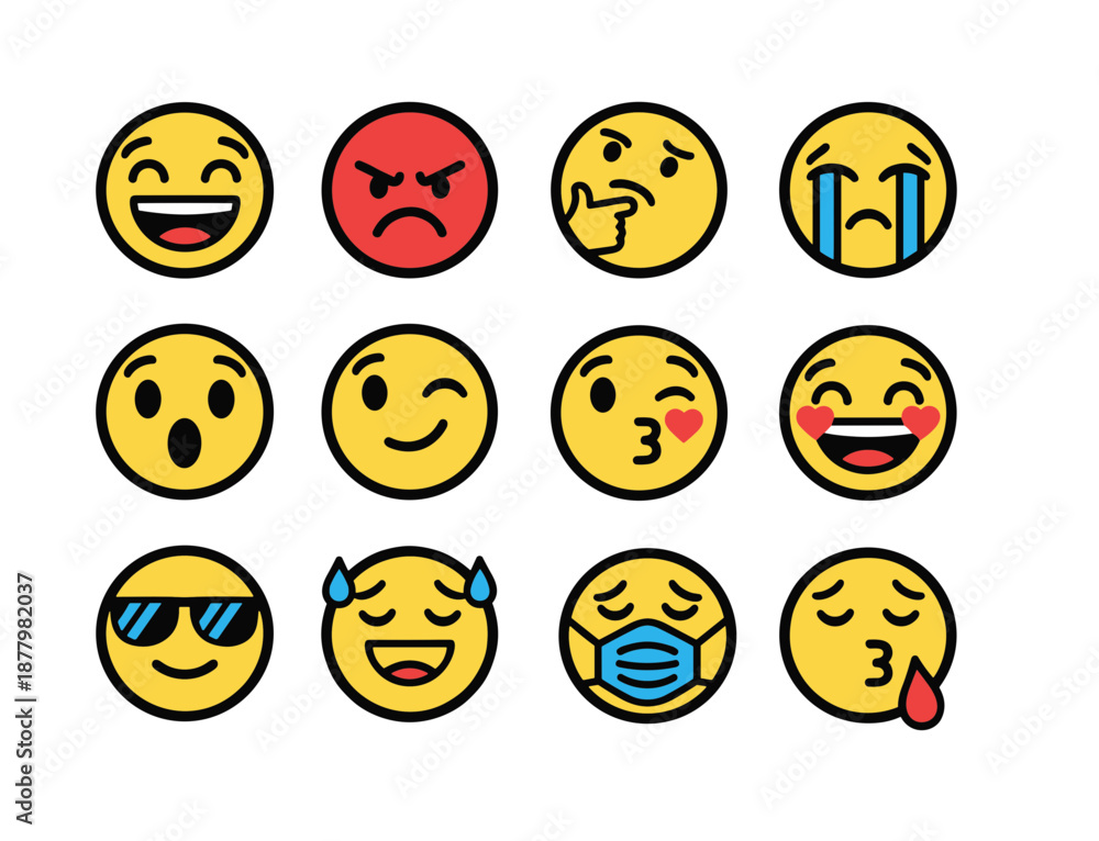 Fototapeta premium Set of yellow emoji emoticons with various facial expressions including happy angry crying thinking and cool for social media and communication