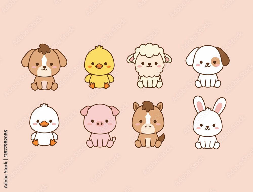 Obraz premium Collection of cute baby farm animals including puppy, chick, lamb, duckling, piglet, pony and bunny, flat vector character set