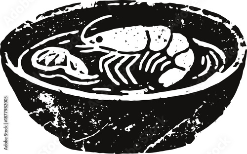 Shrimp in bowl illustration seafood shellfish food drawing, ocean crustacean culinary design, marine cuisine concept