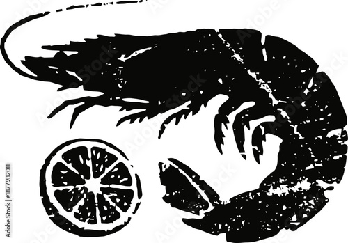 Black silhouette of a shrimp with a lemon slice and wedge, seafood design element