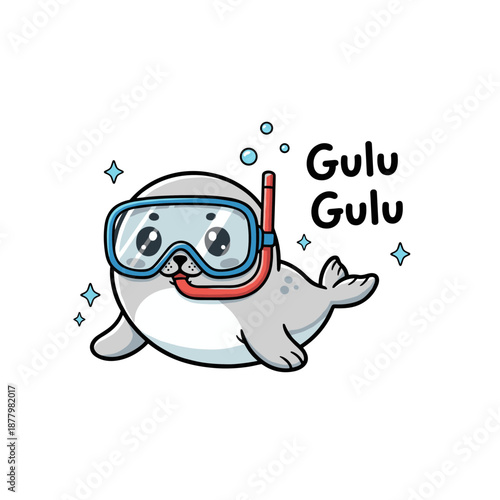 Cute cartoon seal wearing a diving mask and snorkel underwater with bubbles and stars sparkles and gulu gulu text for children illustration