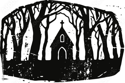 Silhouette of gothic church surrounded by leafless trees in dark forest scene