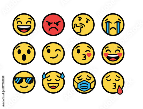 Set of yellow emoji emoticons with various facial expressions including happy angry crying thinking and cool for social media and communication