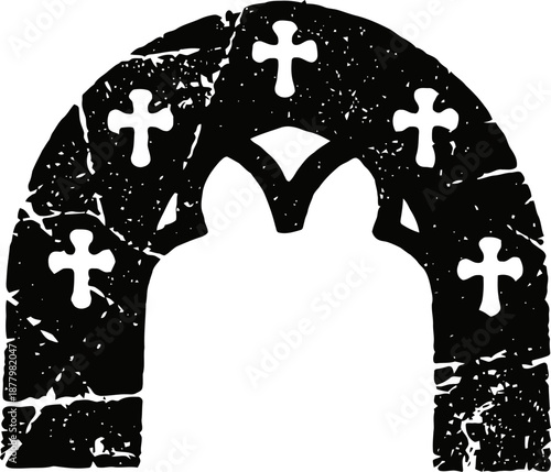 Ancient stone arch with carved crosses and weathered texture, historic religious architecture design