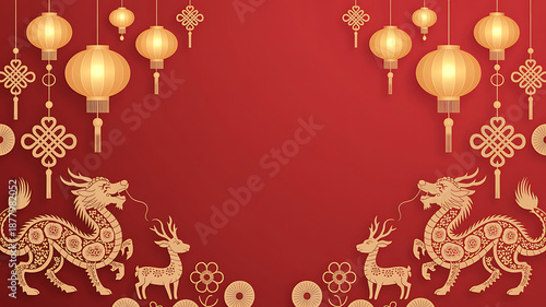 Golden lanterns dragons and deer adorn a vibrant red background celebrating traditional chinese new year festivities
