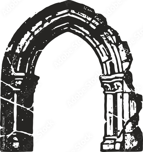 Ancient gothic stone archway ruins with detailed carvings and weathered texture