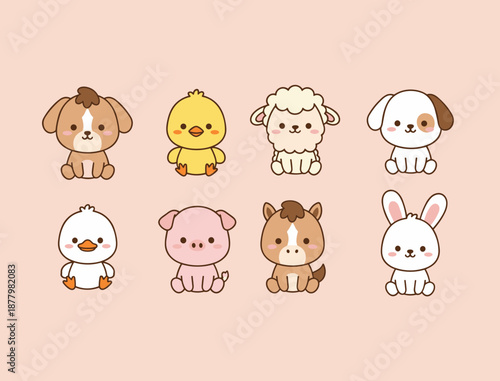 Collection of cute baby farm animals including puppy, chick, lamb, duckling, piglet, pony and bunny, flat vector character set