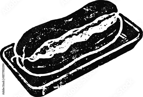 Classic hot dog with sausage and bun on rectangular serving tray illustration