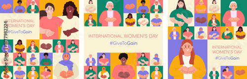 International Women's day geometric minimalist square banner templates set, Diverse happy women with open palms hands giving gesture. Give To Gain IWD 2026 concept Modern flat vector illustration 