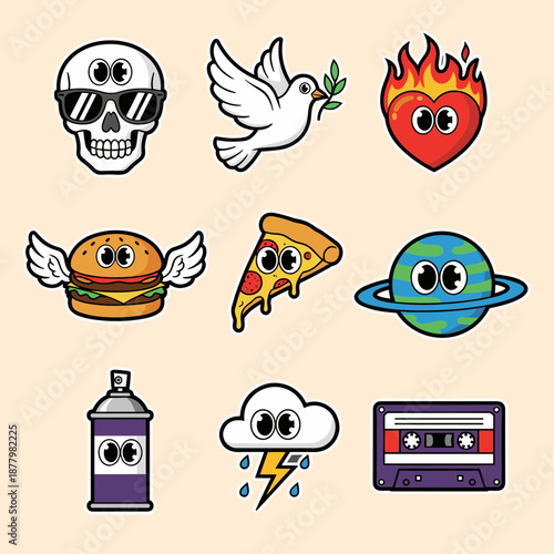 Trendy Sticker Set of Pop Culture Icons Featuring Skull Dove Heart Burger Pizza Planet Lightning Cloud and Tape for Streetwear and Fashion Design