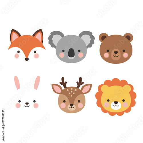 Cute animal faces collection with fox koala bear rabbit deer and lion in flat cartoon style isolated on white background for kids design