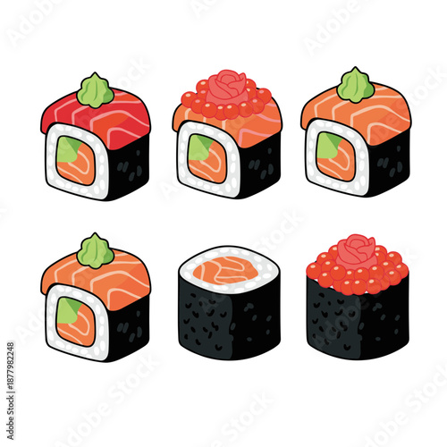 Delicious Japanese sushi rolls set with salmon avocado wasabi ginger and fish roe toppings isolated on white background for restaurant menu