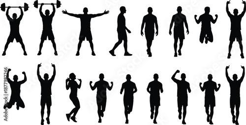 Fitness workout silhouettes set of men exercising, running, jumping and weightlifting poses, active lifestyle, strength training, gym motivation illustration
