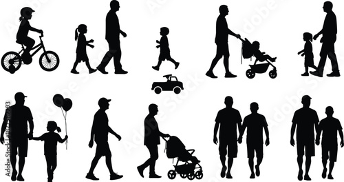 Family silhouettes walking together showing parents and children activities, parenting, childhood stages, daily life moments, people lifestyle illustration isolated on white