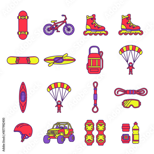 Extreme Sports and Outdoor Adventure Equipment Icons Set Featuring Skateboard Bicycle Rollerblades Paragliding Kayaking and Safety Gear