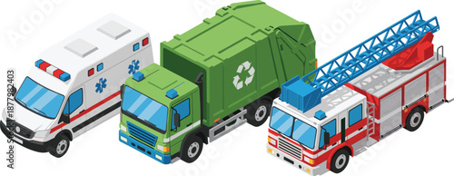 Isometric emergency and service vehicles set including ambulance, garbage truck, and fire engine, colorful urban transport illustration isolated on white background for city services concepts