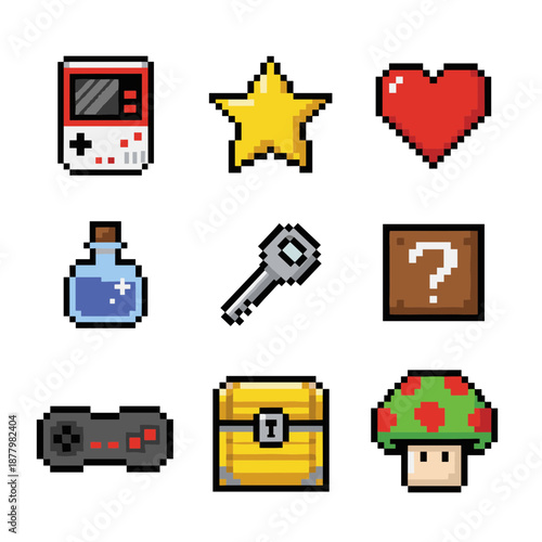 Pixel Art Gaming Assets Set Including Handheld Console Controller Heart Star Potion Key Mystery Block Chest and Mushroom Icons for Games
