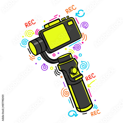 Modern camera stabilizer gimbal with recording icons and colorful creative doodles for video production content creator and vlogging concept