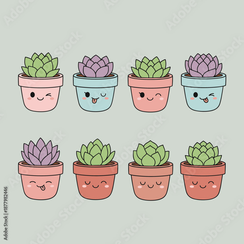 Collection of cute succulent plants in pots with various funny emoji faces and expressions for home gardening and botanical sticker design