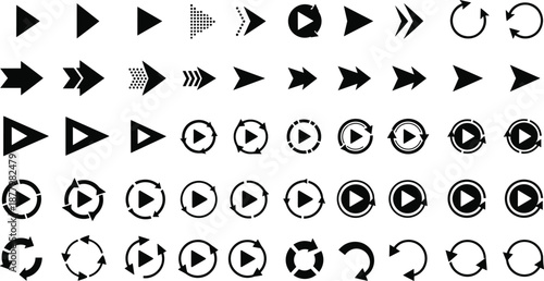 Media playback control icons set with play arrows, fast forward, repeat, and refresh symbols, minimal black vector buttons isolated on white background for user interface design