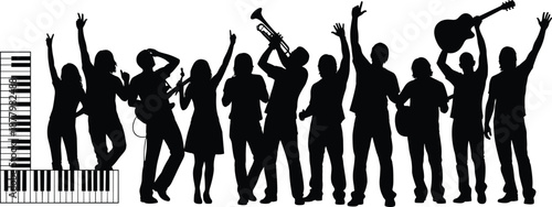 Music band silhouettes performing live with guitar, trumpet and piano, energetic concert crowd, musicians celebration, jazz and rock performance illustration