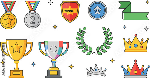Awards and Trophy Illustration Set Featuring Medals, Shields, Laurels, Crowns, Ribbons, and Victory Symbols in Vector Style
