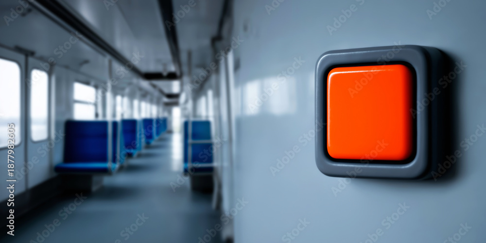 Obraz premium Emergency stop button on a modern train or subway car, signaling safety and immediate action, with empty seats