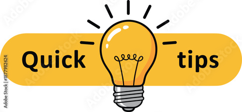 Quick tips light bulb concept illustration, creative idea icon with text banner, knowledge, solution, inspiration, advice symbol for business, education, marketing design