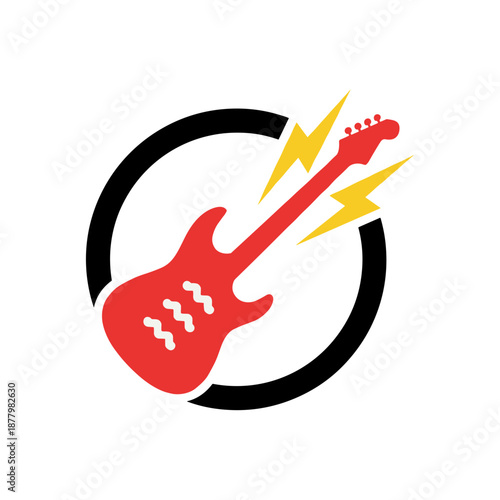 Red electric guitar icon with lightning bolts in black circle, rock music festival and live concert performance logo design vector illustration