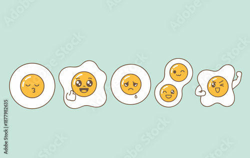Set of cute fried egg emoji characters with different emotions, funny breakfast food mascots expressing feelings for culinary and cafe design